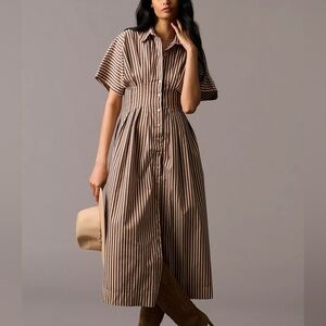 EXQUISE Anthropologie The Tobie Button-Front Pleated Shirt Dress in Brown Motif